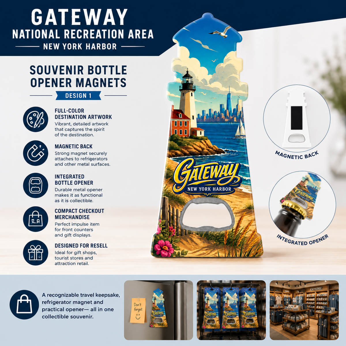 New York Harbor souvenir bottle opener magnet features infographic
