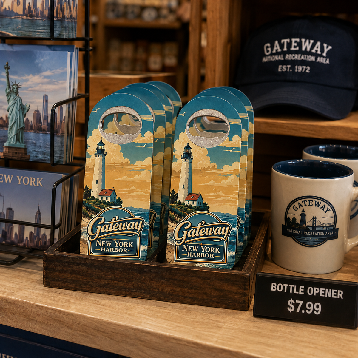 Sandy Hook souvenir bottle opener magnet in a retail lifestyle setting