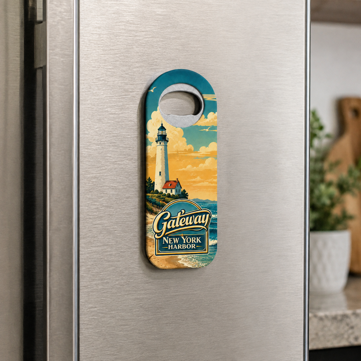 Sandy Hook souvenir bottle opener magnet displayed on a refrigerator