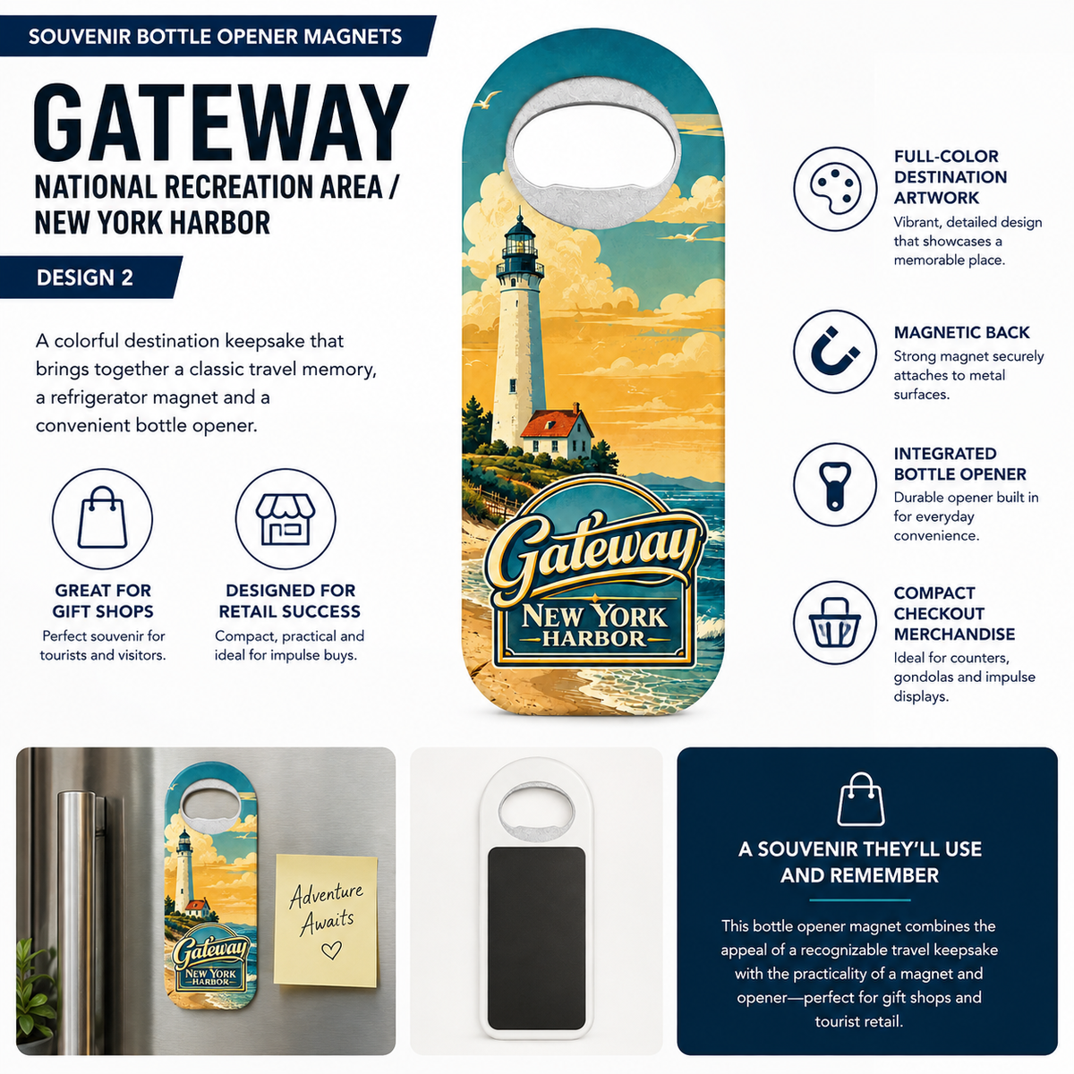 Sandy Hook souvenir bottle opener magnet features infographic
