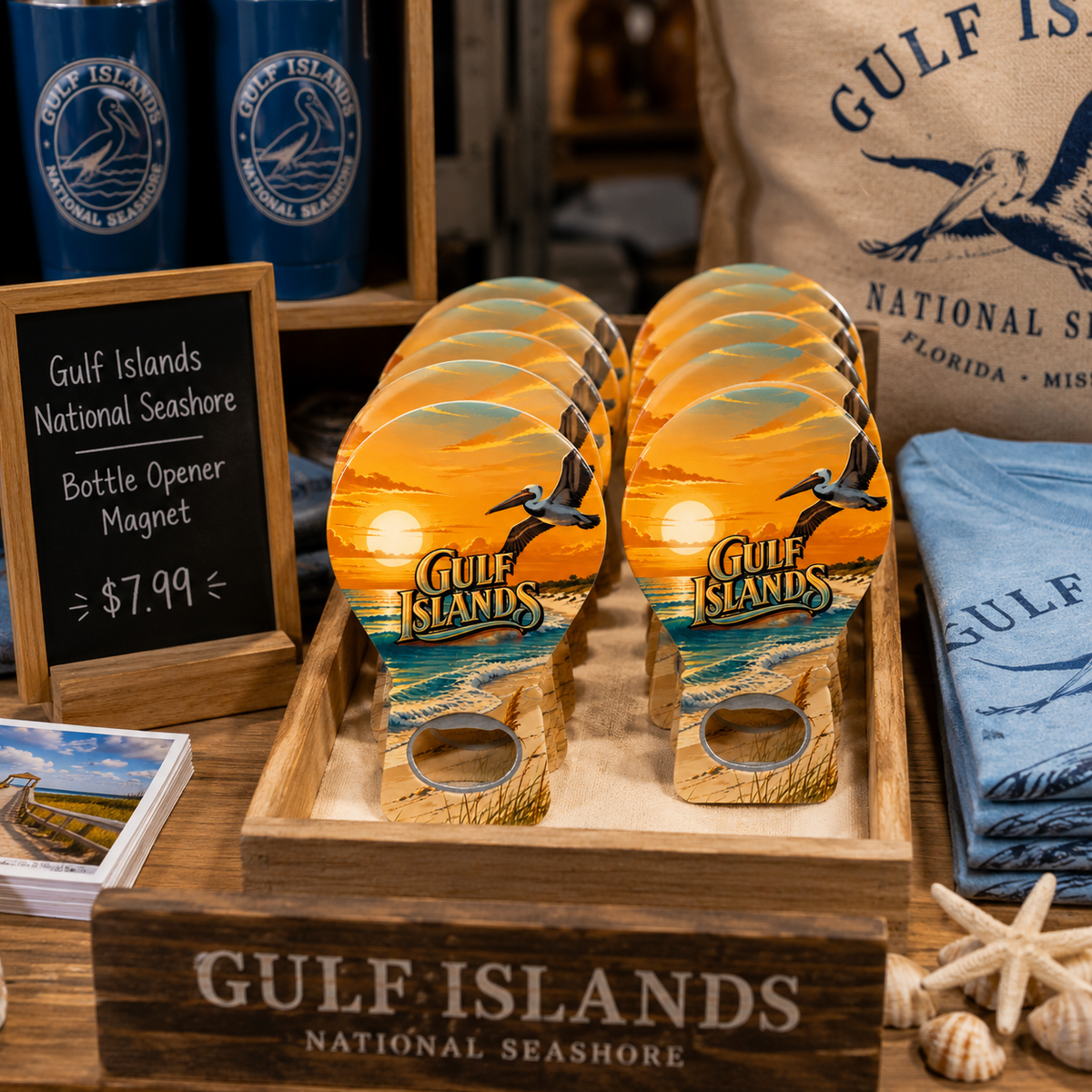 Gulf Islands souvenir bottle opener magnet in a retail lifestyle setting