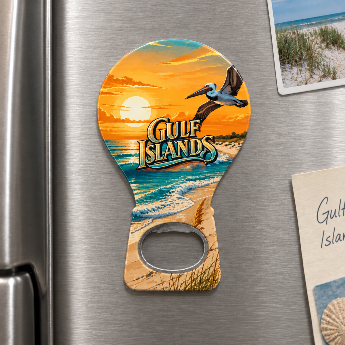 Gulf Islands souvenir bottle opener magnet displayed on a refrigerator