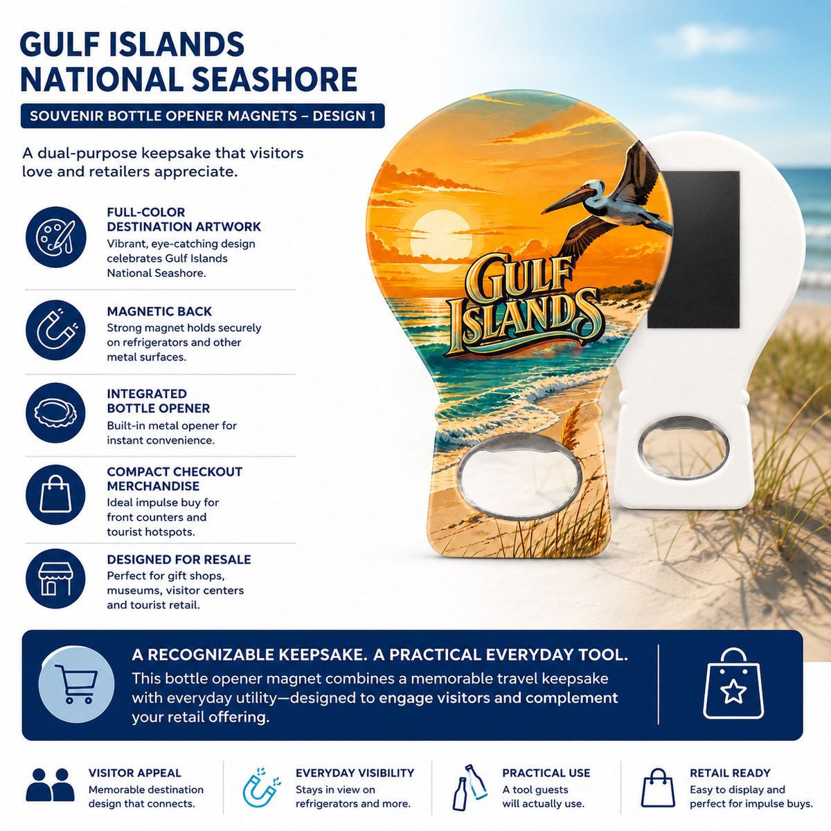 Gulf Islands souvenir bottle opener magnet features infographic