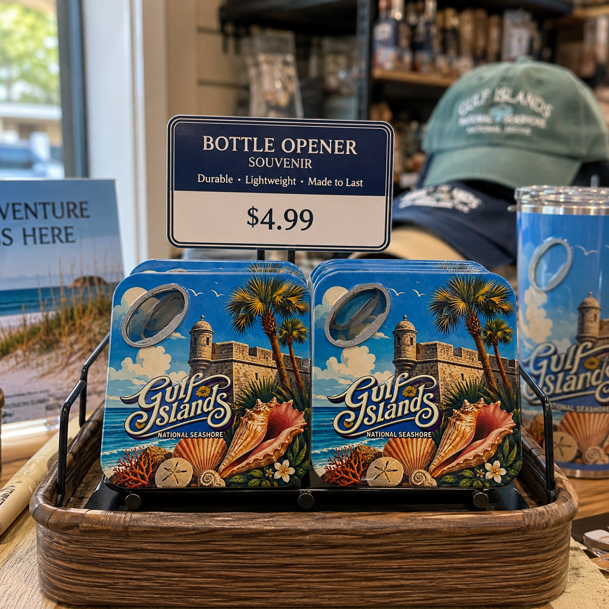 Gulf Islands souvenir bottle opener magnet in a retail lifestyle setting