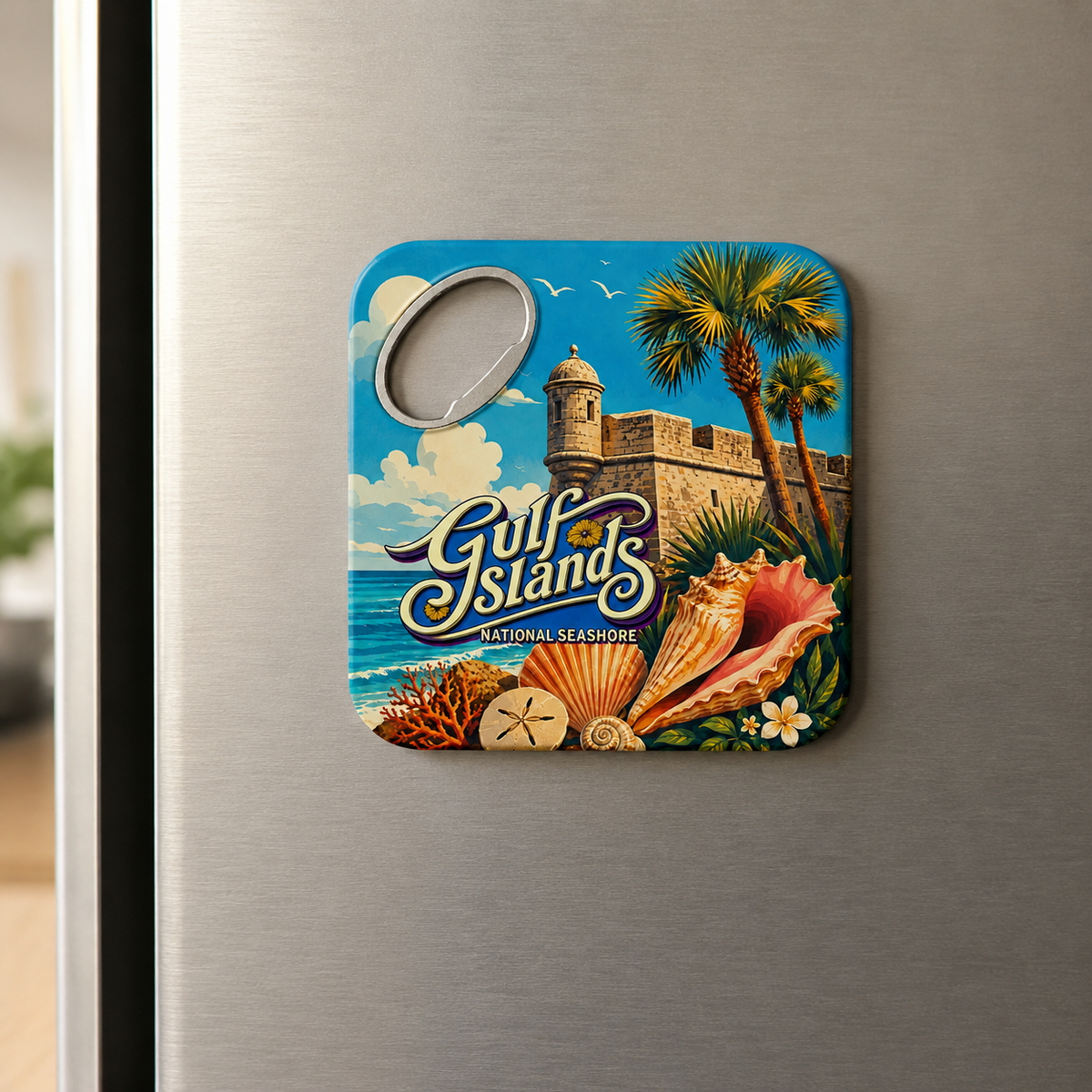Gulf Islands souvenir bottle opener magnet displayed on a refrigerator