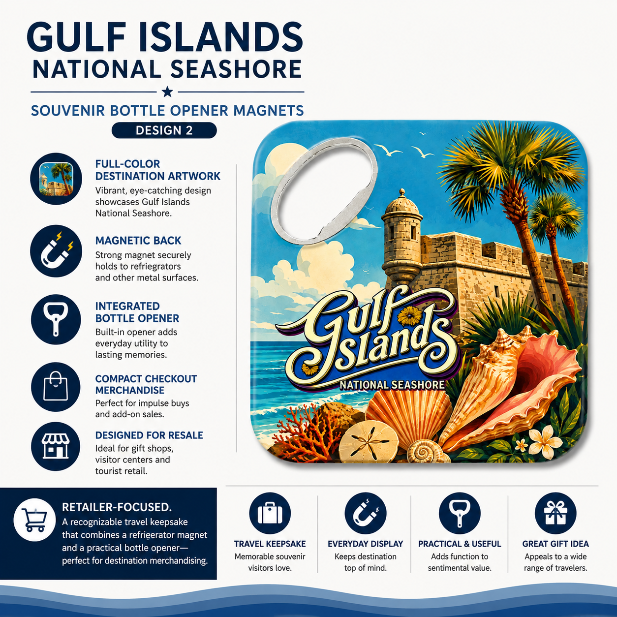 Gulf Islands souvenir bottle opener magnet features infographic
