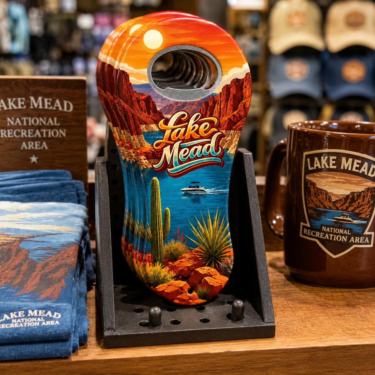 Lake Mead souvenir bottle opener magnet in a retail lifestyle setting