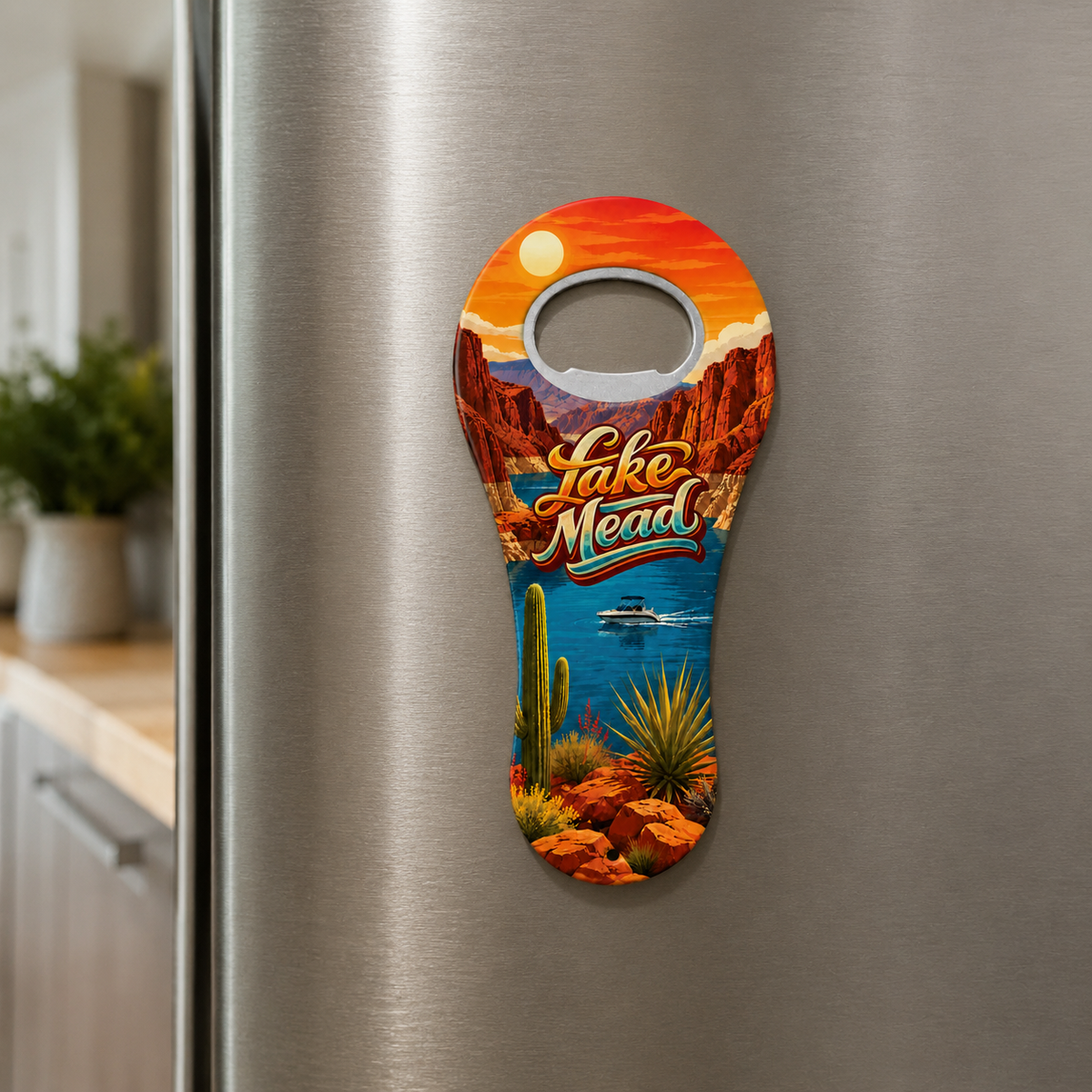 Lake Mead souvenir bottle opener magnet displayed on a refrigerator