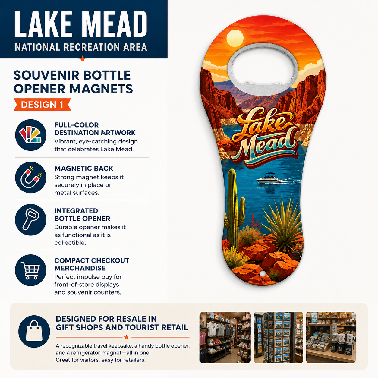 Lake Mead souvenir bottle opener magnet features infographic