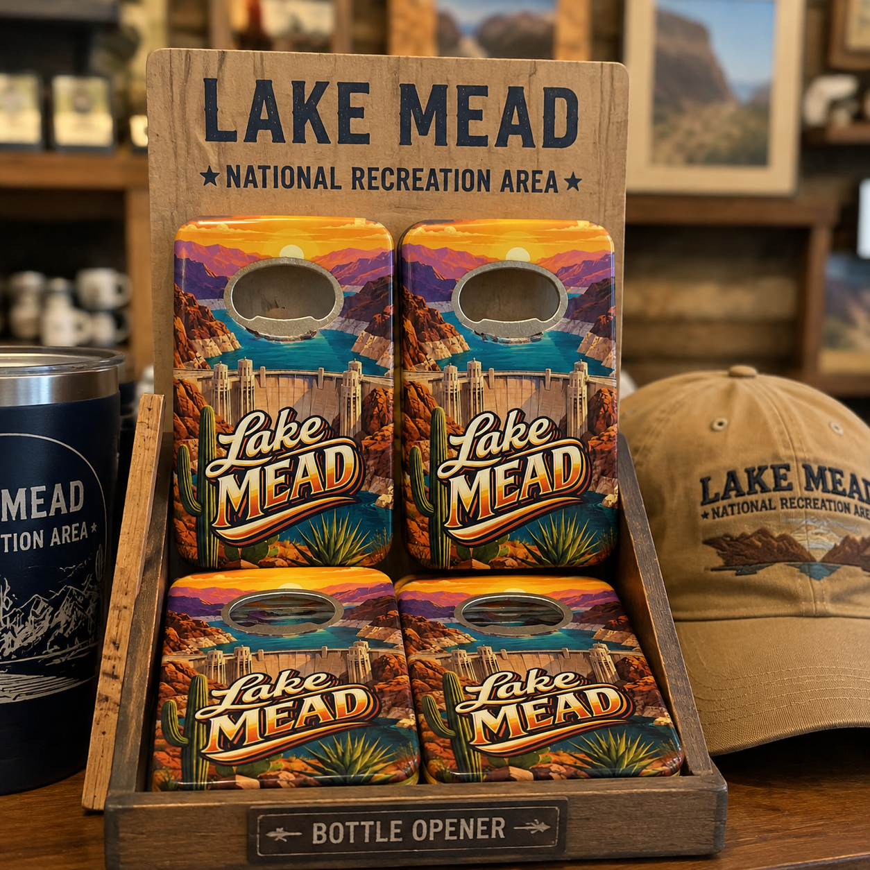 Lake Mead souvenir bottle opener magnet in a retail lifestyle setting