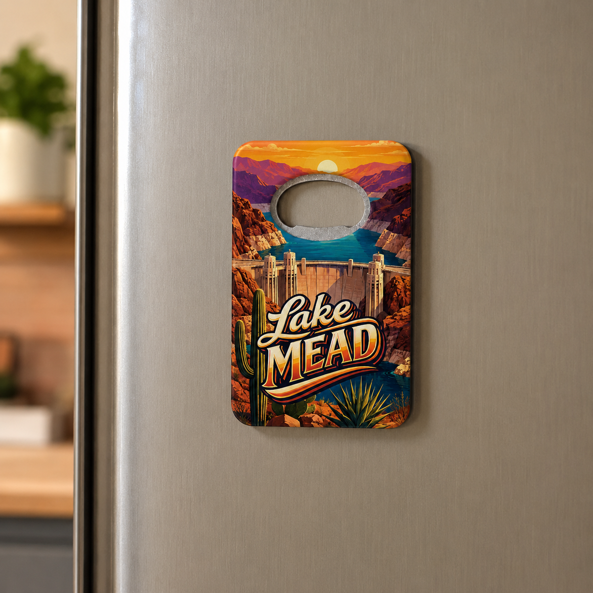 Lake Mead souvenir bottle opener magnet displayed on a refrigerator