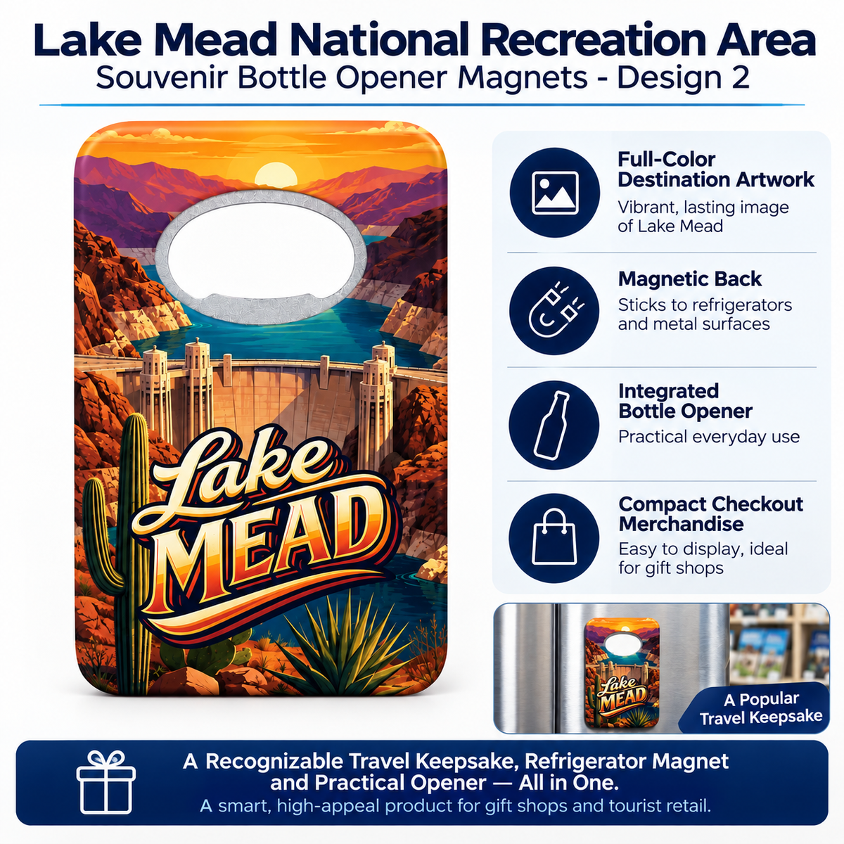 Lake Mead souvenir bottle opener magnet features infographic