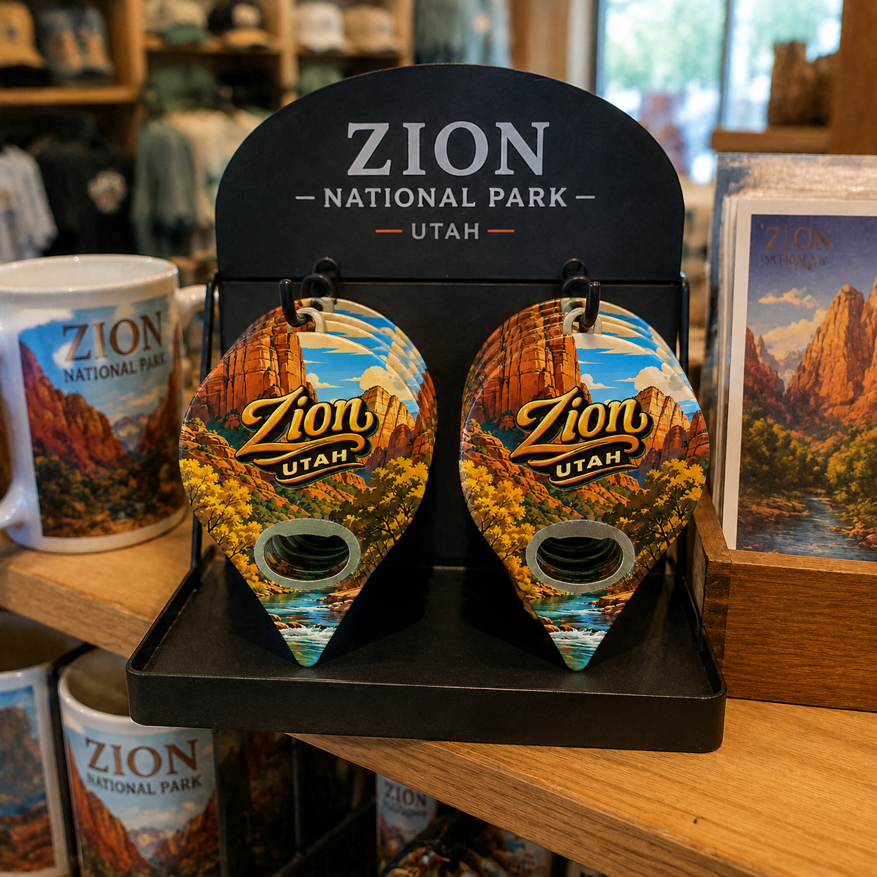 Zion National Park souvenir bottle opener magnet in a retail lifestyle setting