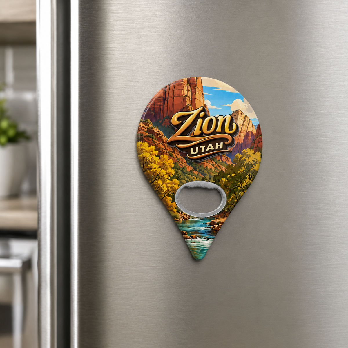 Zion National Park souvenir bottle opener magnet displayed on a refrigerator