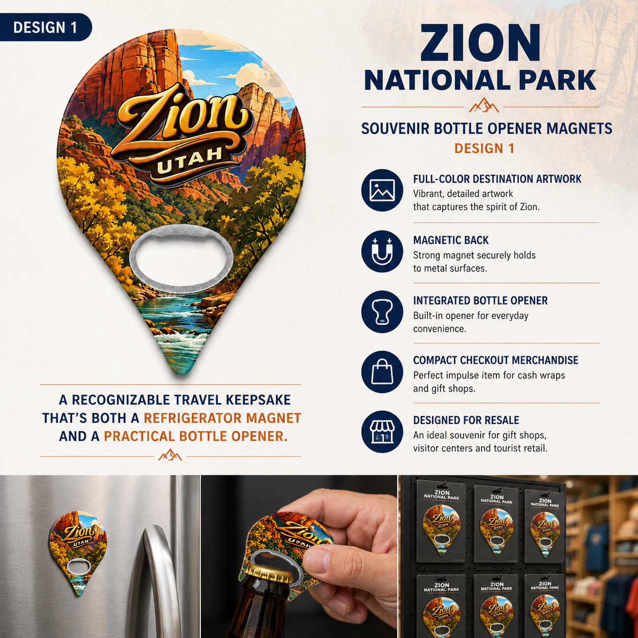 Zion National Park souvenir bottle opener magnet features infographic