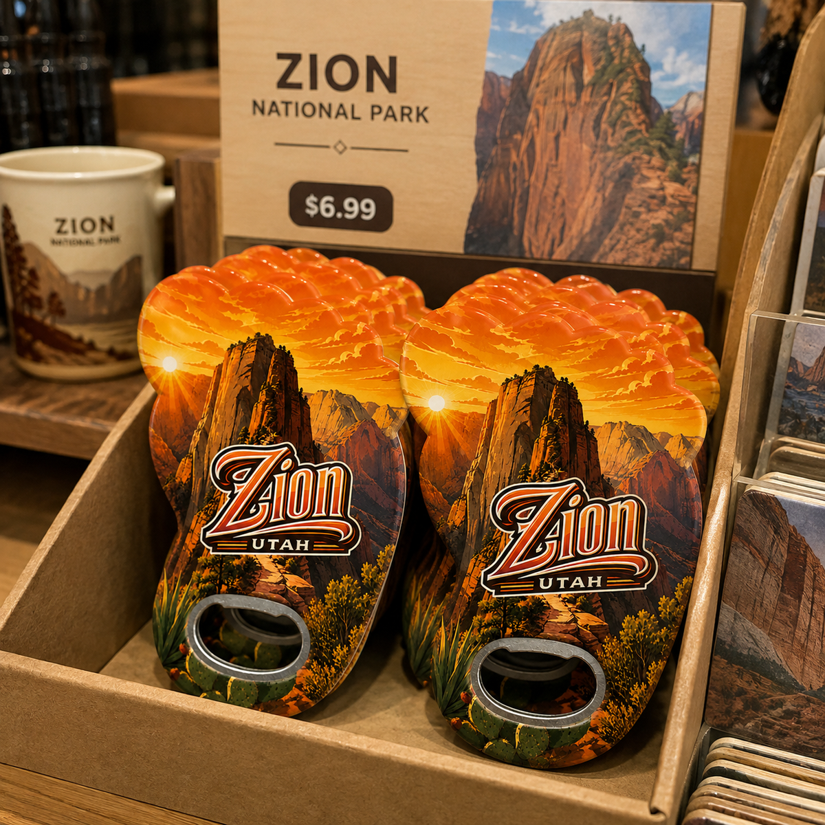 Zion National Park souvenir bottle opener magnet in a retail lifestyle setting