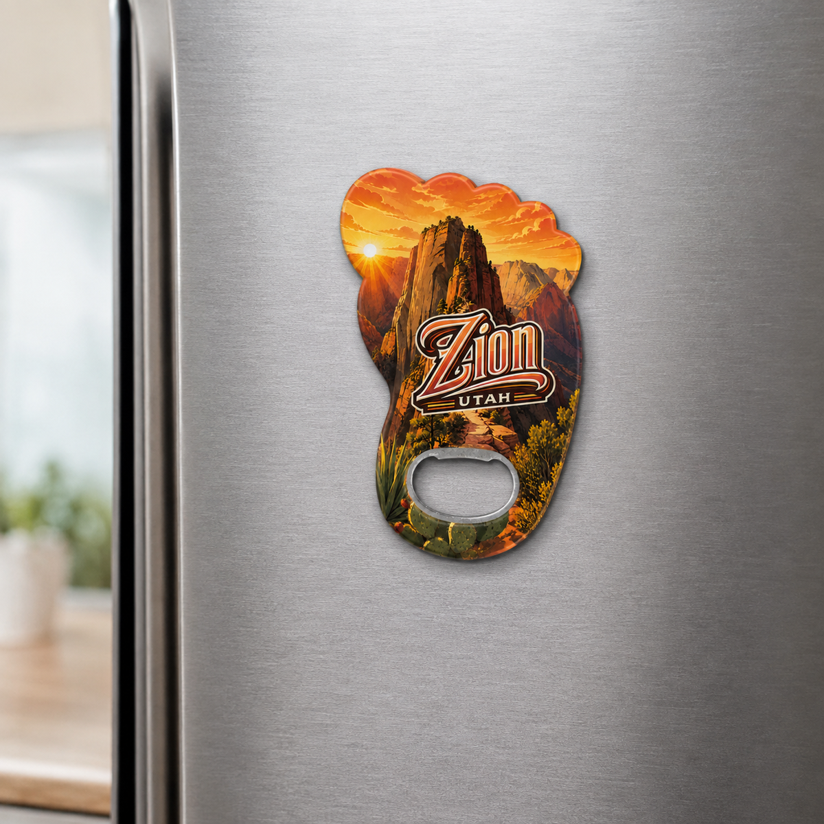 Zion National Park souvenir bottle opener magnet displayed on a refrigerator