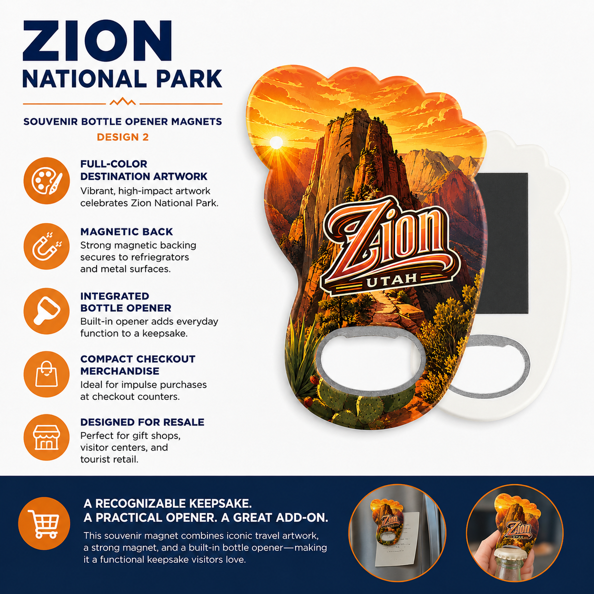 Zion National Park souvenir bottle opener magnet features infographic