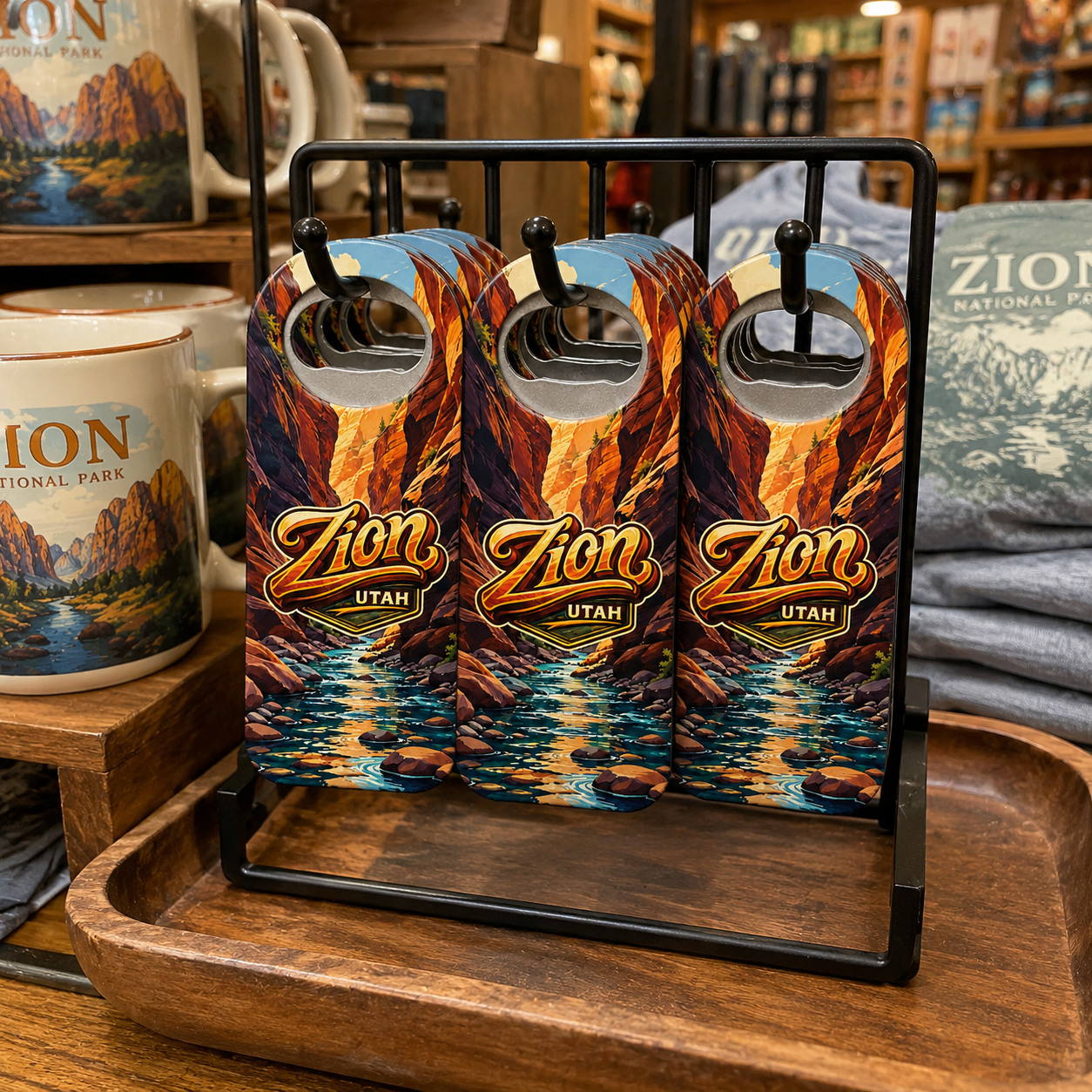 Zion National Park souvenir bottle opener magnet in a retail lifestyle setting