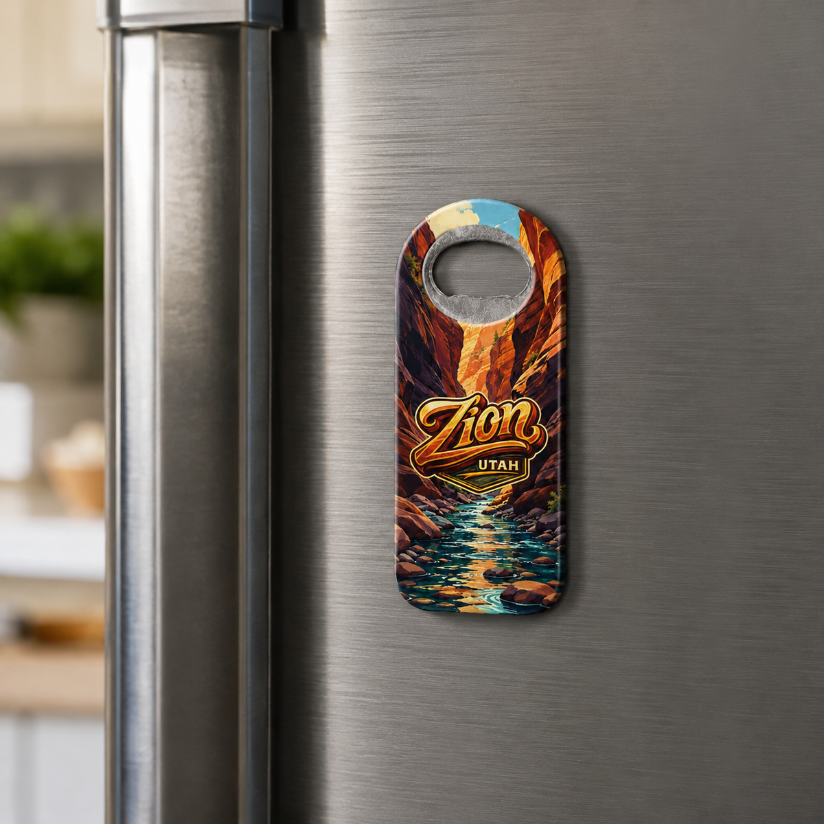 Zion National Park souvenir bottle opener magnet displayed on a refrigerator