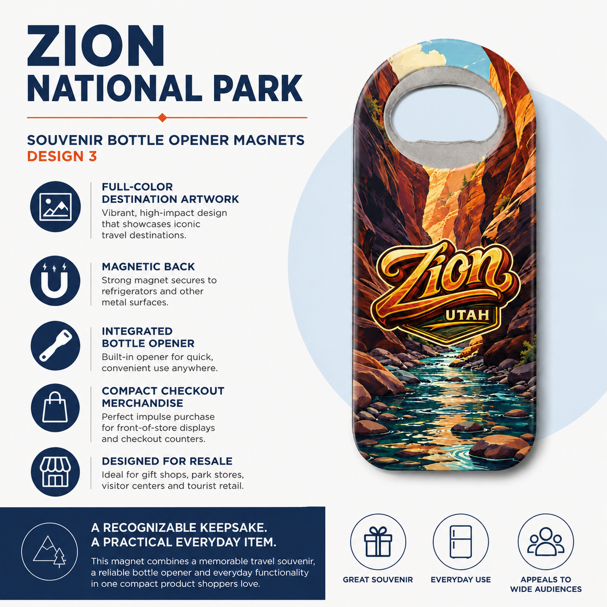 Zion National Park souvenir bottle opener magnet features infographic