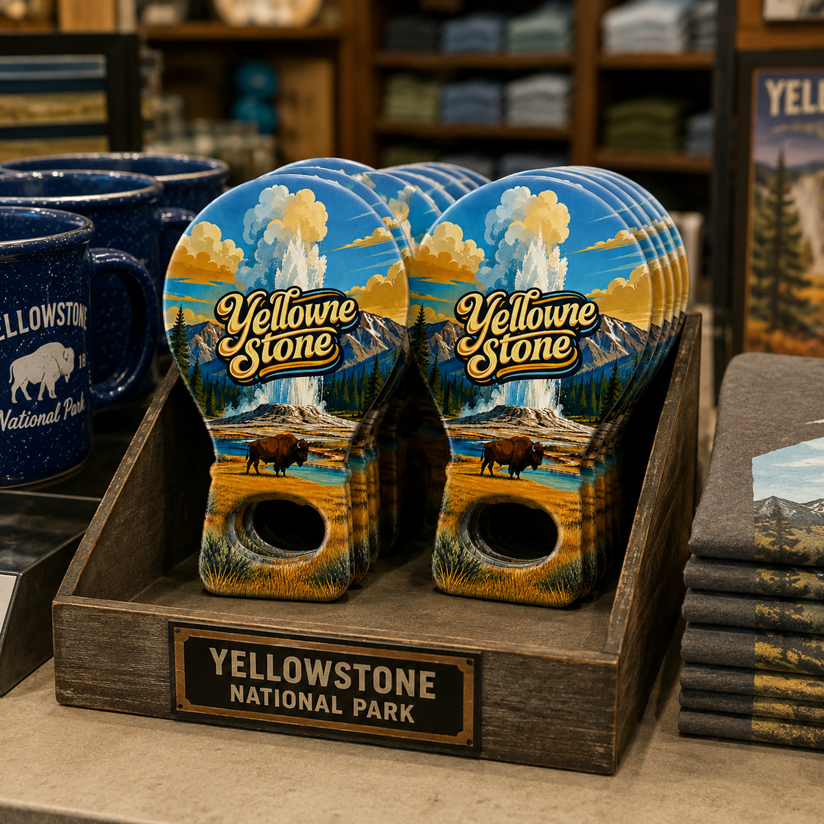 Yellowstone National Park souvenir bottle opener magnet in a retail lifestyle setting