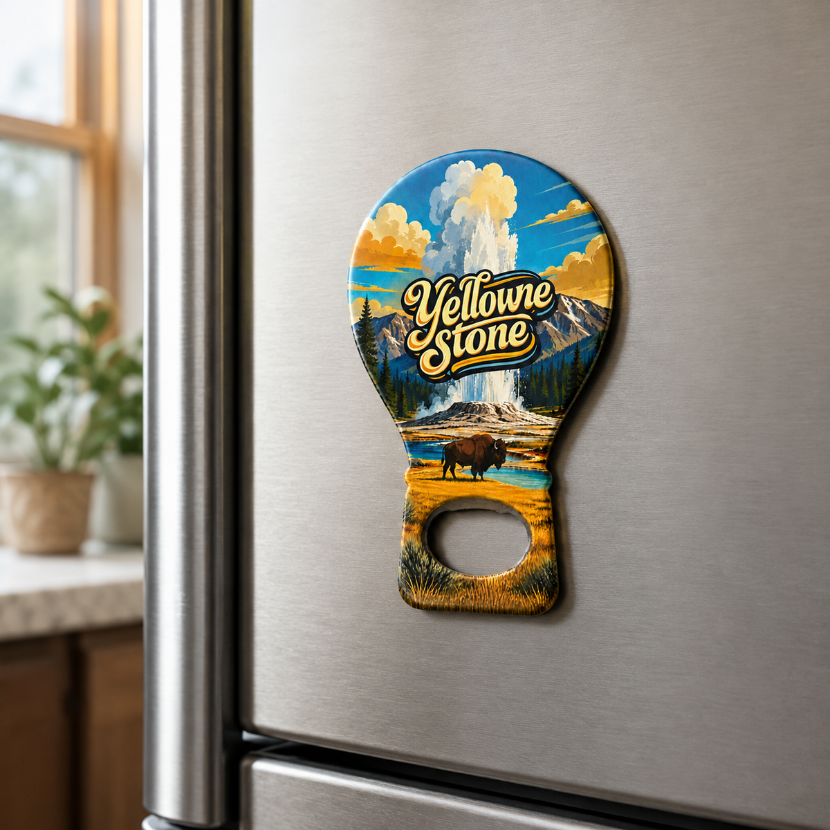 Yellowstone National Park souvenir bottle opener magnet displayed on a refrigerator