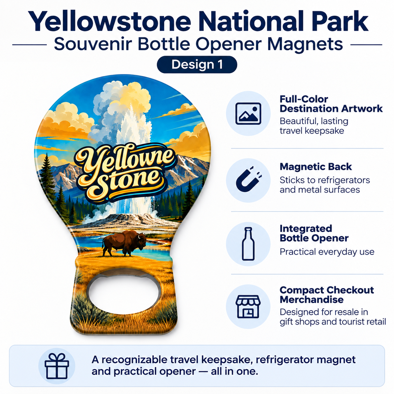 Yellowstone National Park souvenir bottle opener magnet features infographic