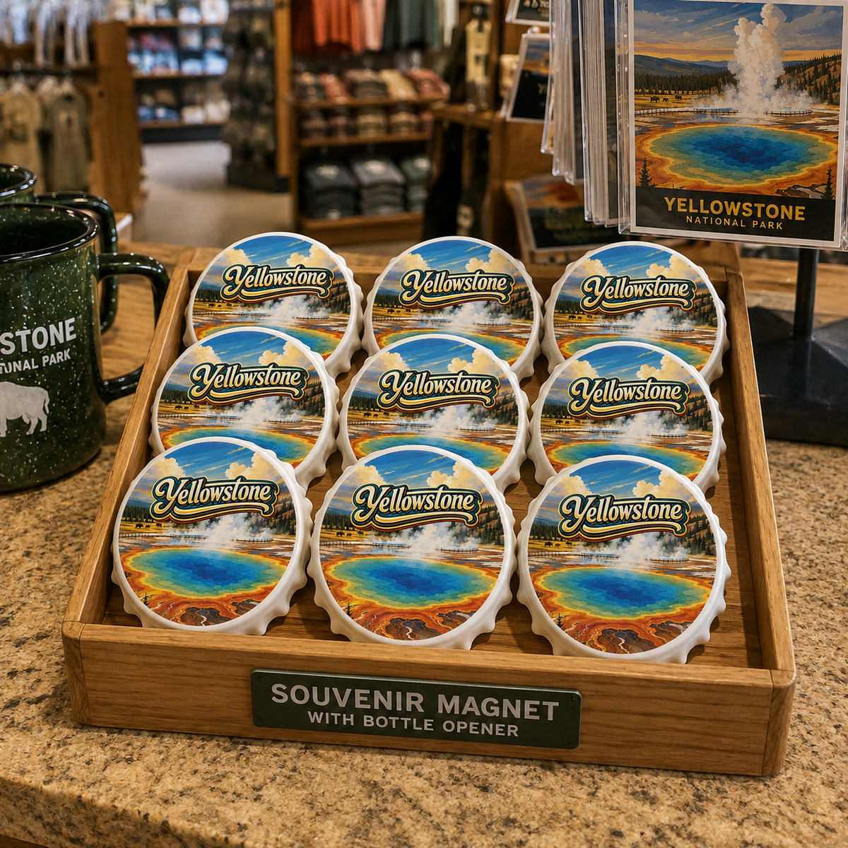Yellowstone National Park souvenir bottle opener magnet in a retail lifestyle setting