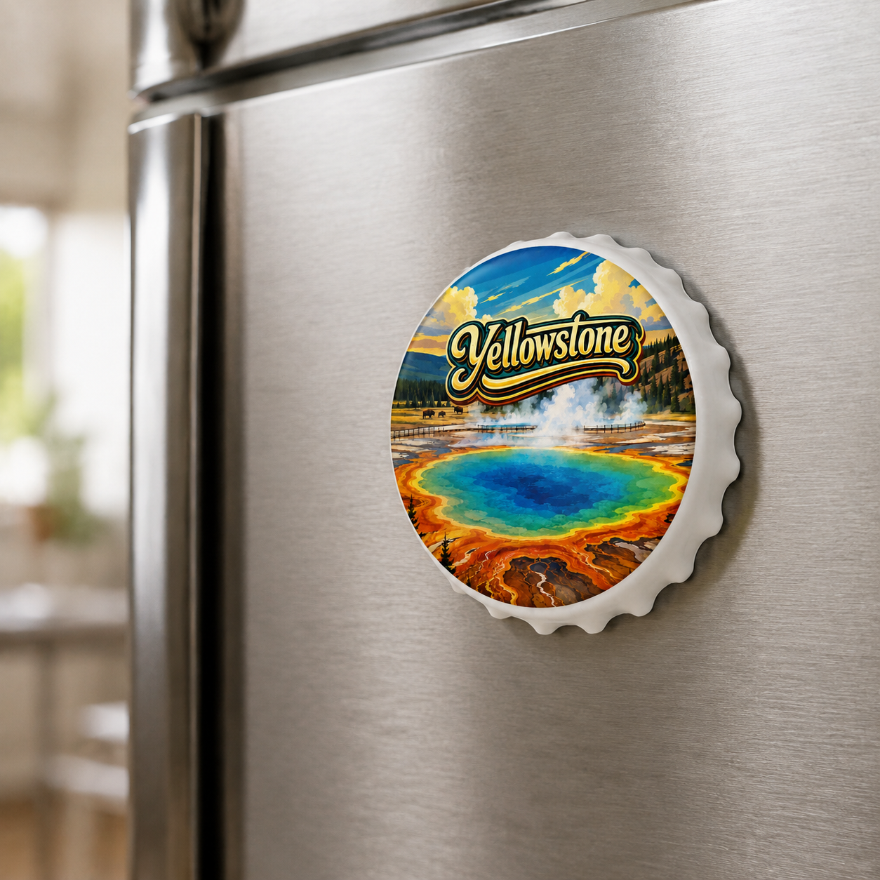 Yellowstone National Park souvenir bottle opener magnet displayed on a refrigerator