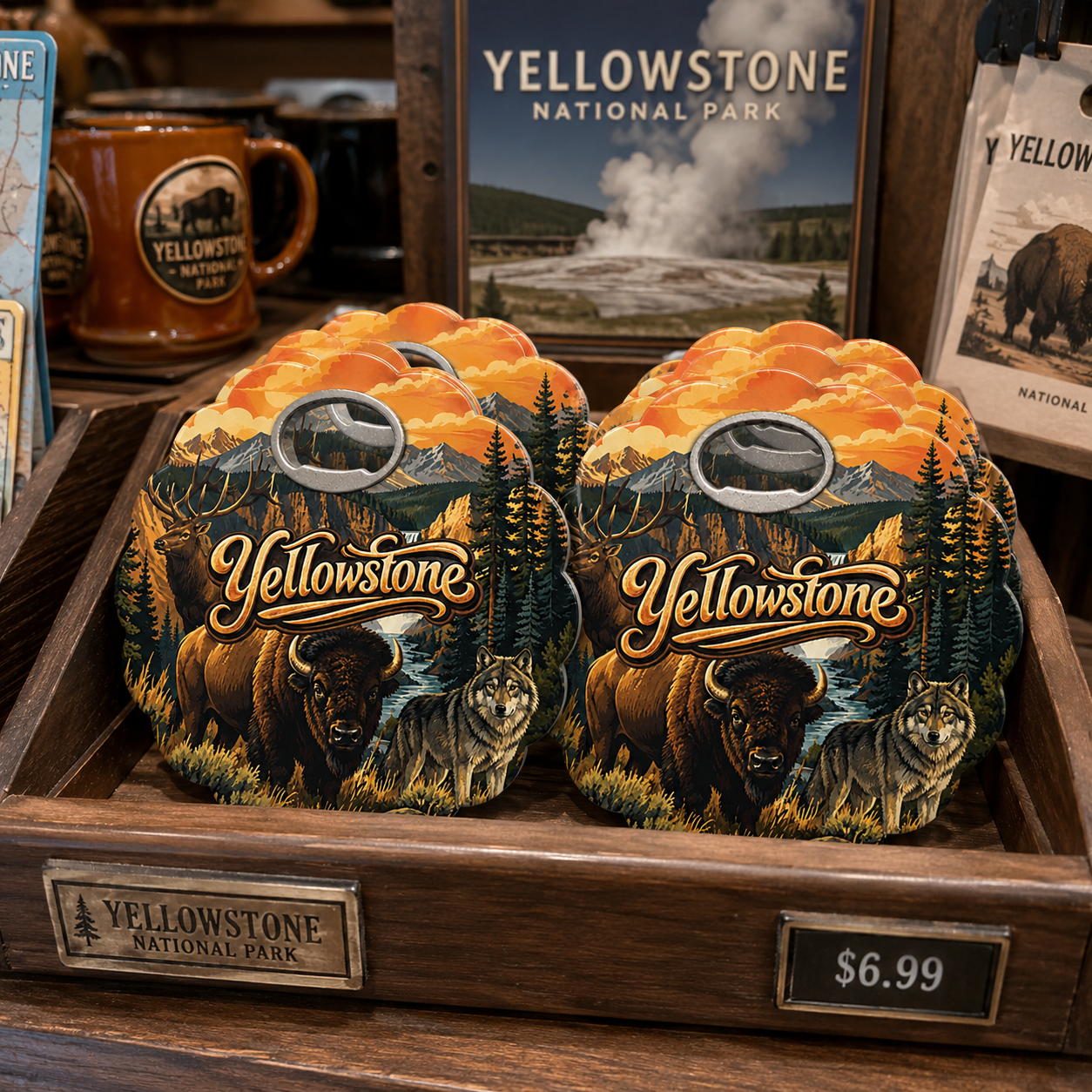 Yellowstone National Park souvenir bottle opener magnet in a retail lifestyle setting