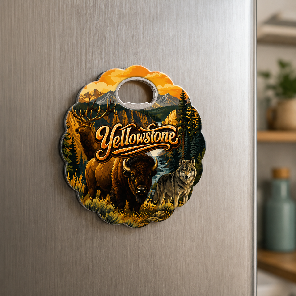 Yellowstone National Park souvenir bottle opener magnet displayed on a refrigerator
