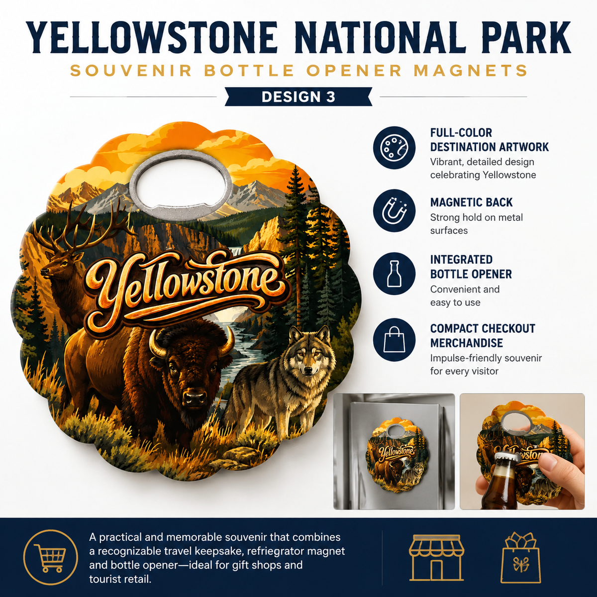 Yellowstone National Park souvenir bottle opener magnet features infographic