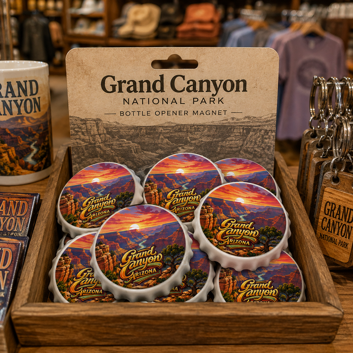 Grand Canyon National Park souvenir bottle opener magnet in a retail lifestyle setting