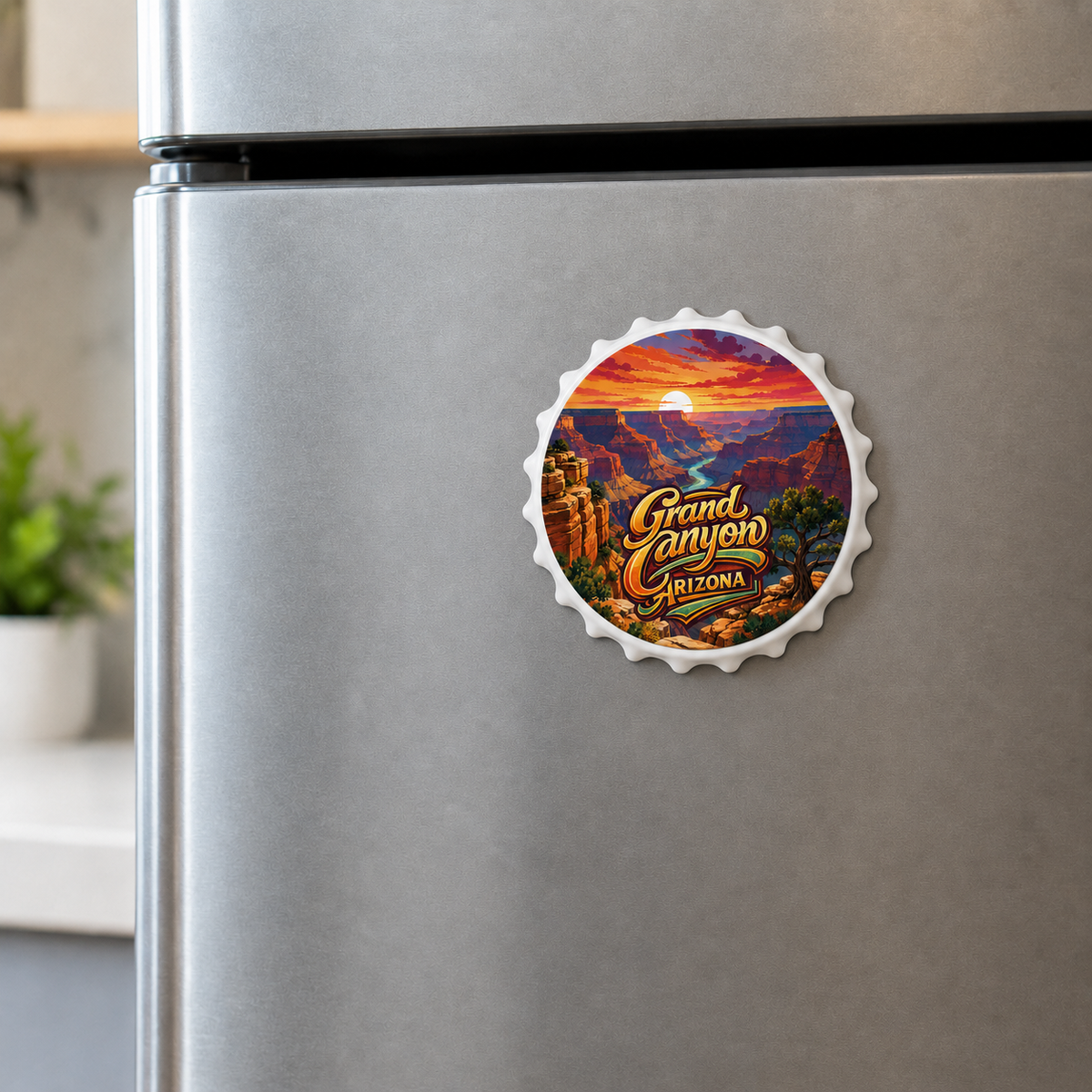 Grand Canyon National Park souvenir bottle opener magnet displayed on a refrigerator