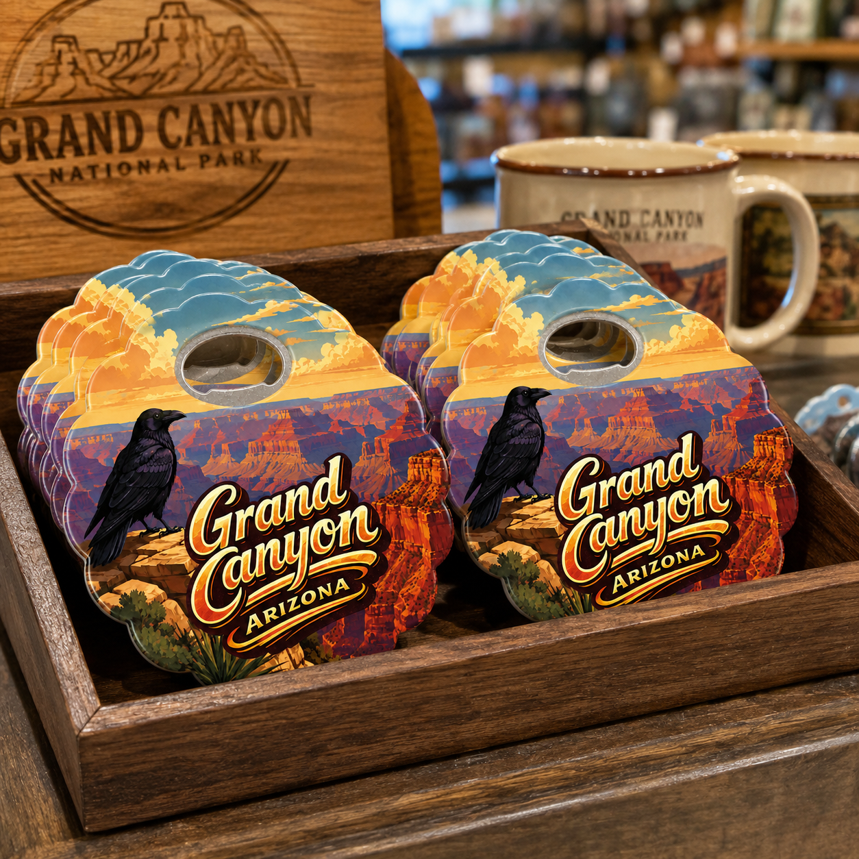 Grand Canyon National Park souvenir bottle opener magnet in a retail lifestyle setting
