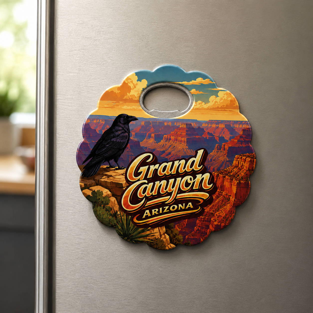 Grand Canyon National Park souvenir bottle opener magnet displayed on a refrigerator