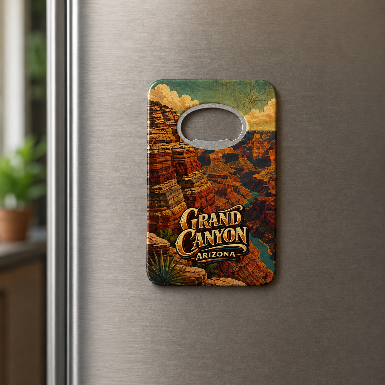 Grand Canyon National Park souvenir bottle opener magnet displayed on a refrigerator