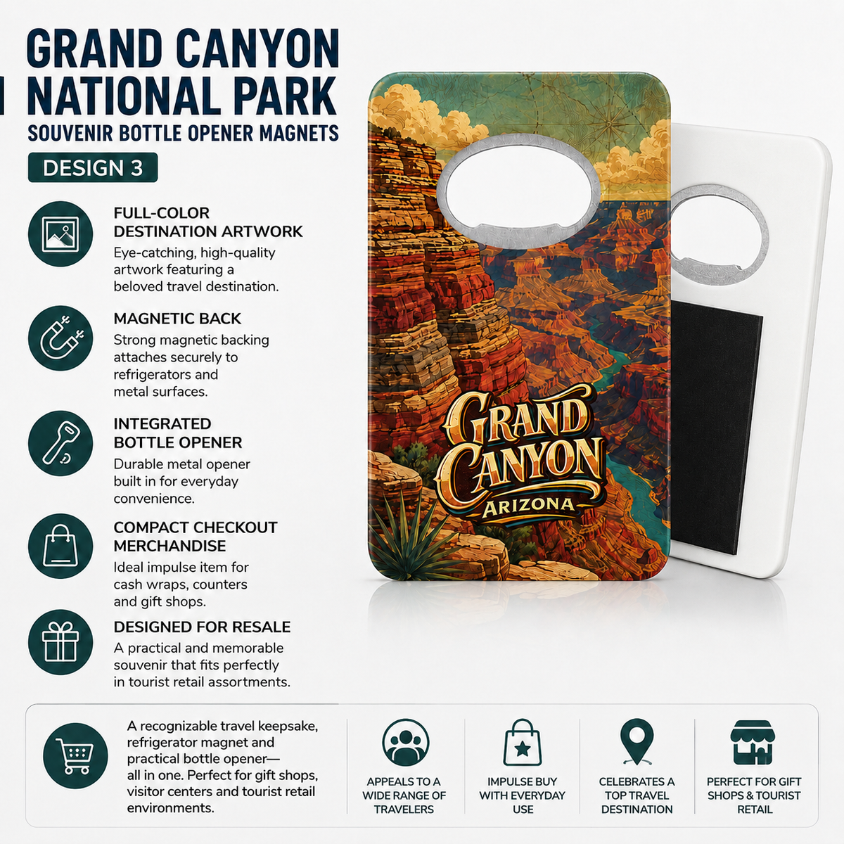 Grand Canyon National Park souvenir bottle opener magnet features infographic