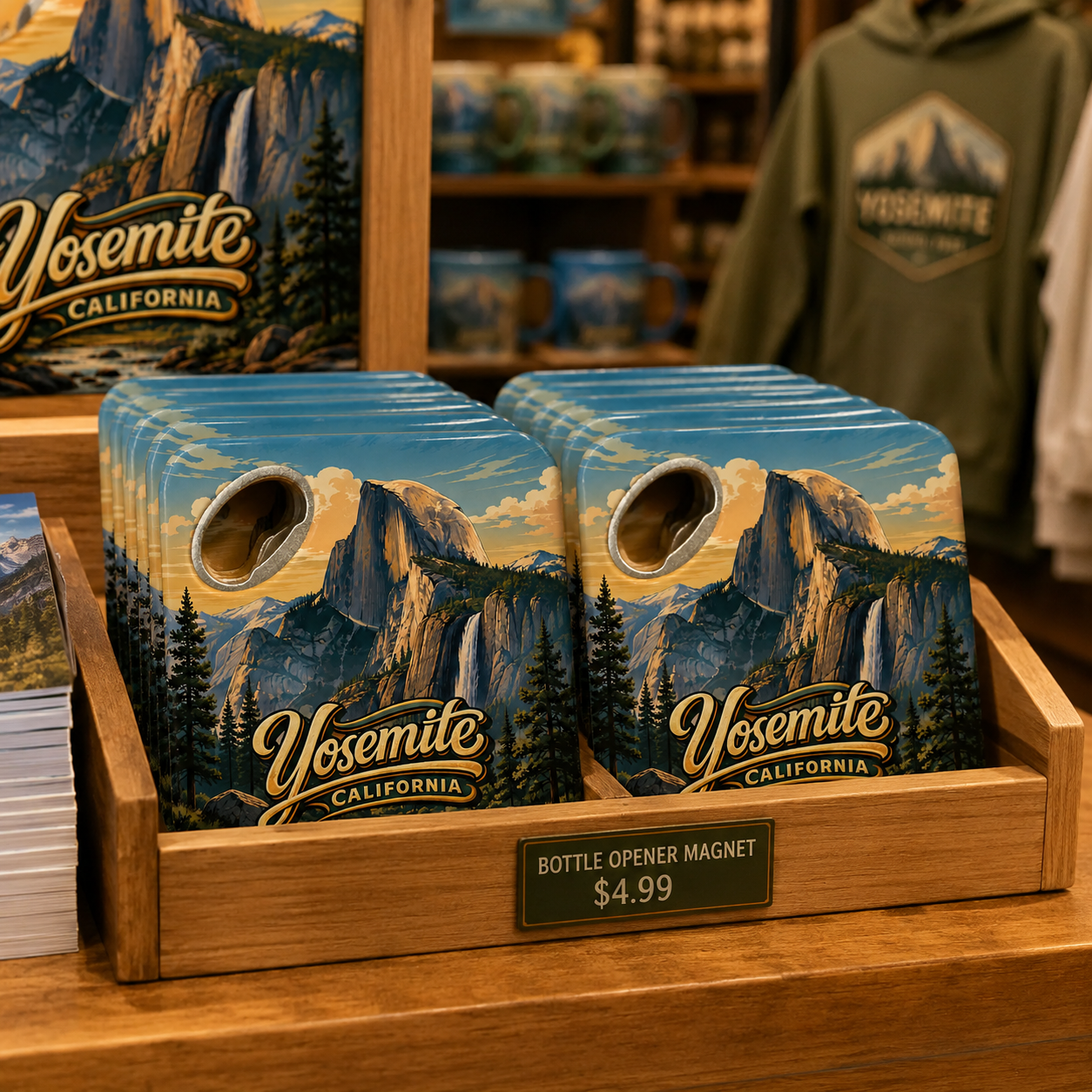 Yosemite National Park souvenir bottle opener magnet in a retail lifestyle setting