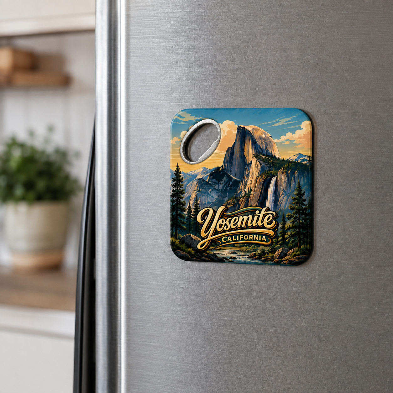 Yosemite National Park souvenir bottle opener magnet displayed on a refrigerator
