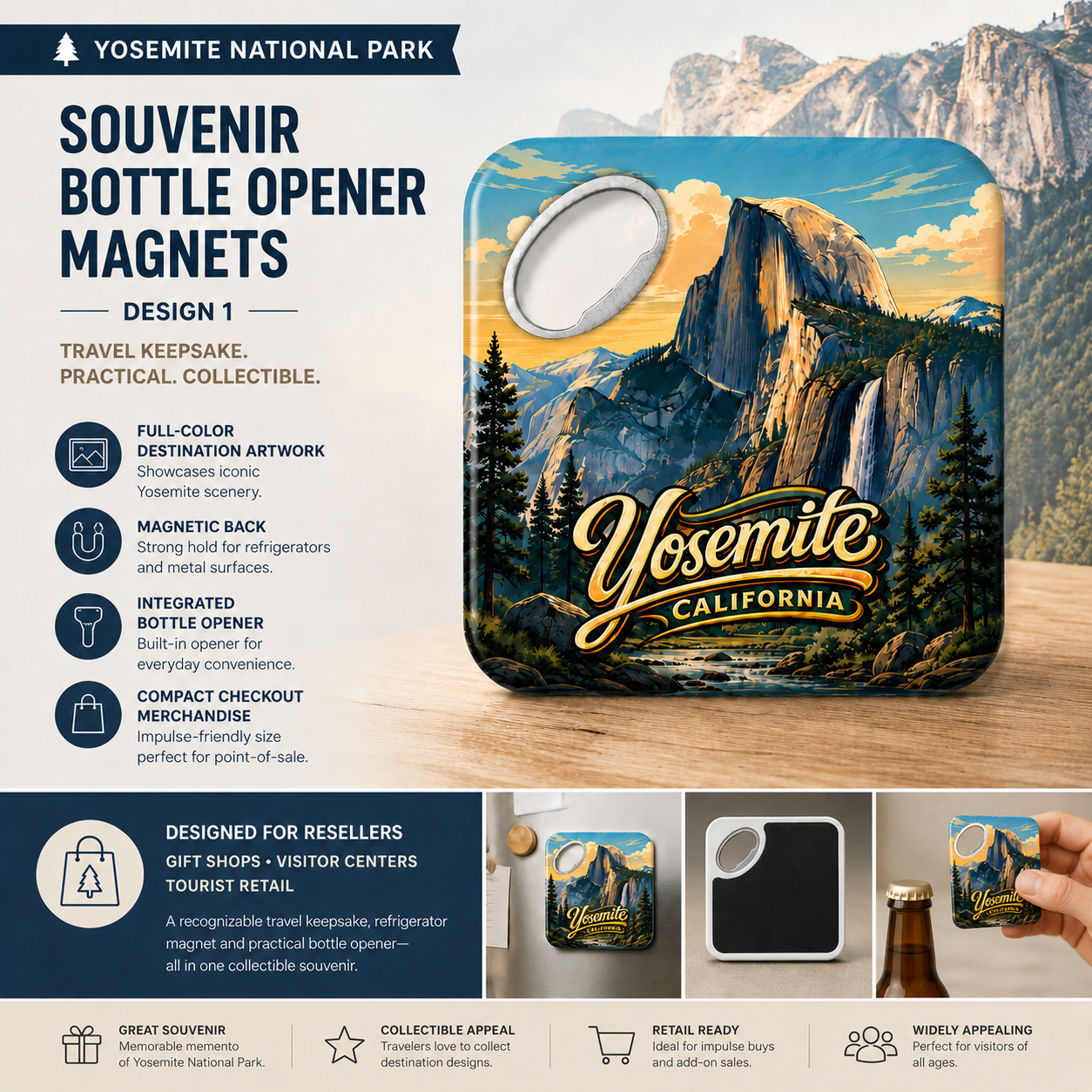 Yosemite National Park souvenir bottle opener magnet features infographic