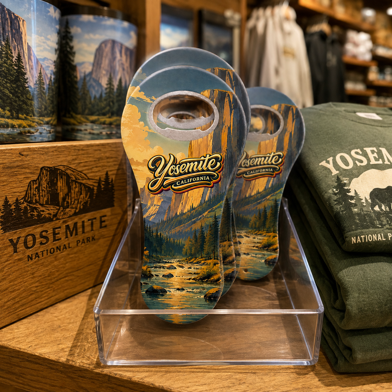 Yosemite National Park souvenir bottle opener magnet in a retail lifestyle setting