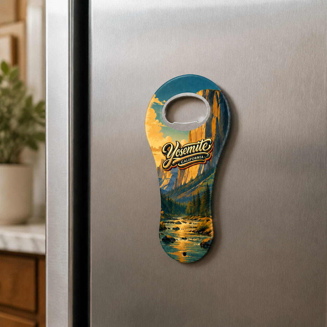 Yosemite National Park souvenir bottle opener magnet displayed on a refrigerator