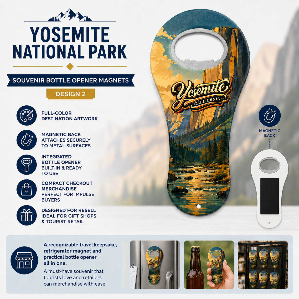 Yosemite National Park souvenir bottle opener magnet features infographic