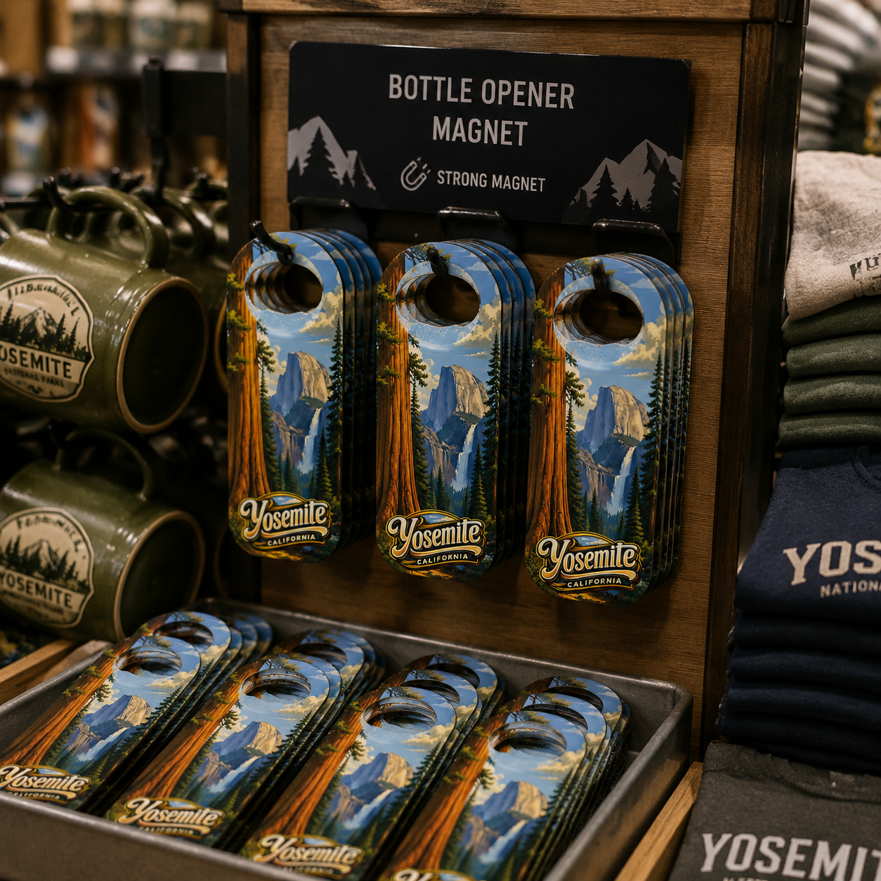 Yosemite National Park souvenir bottle opener magnet in a retail lifestyle setting