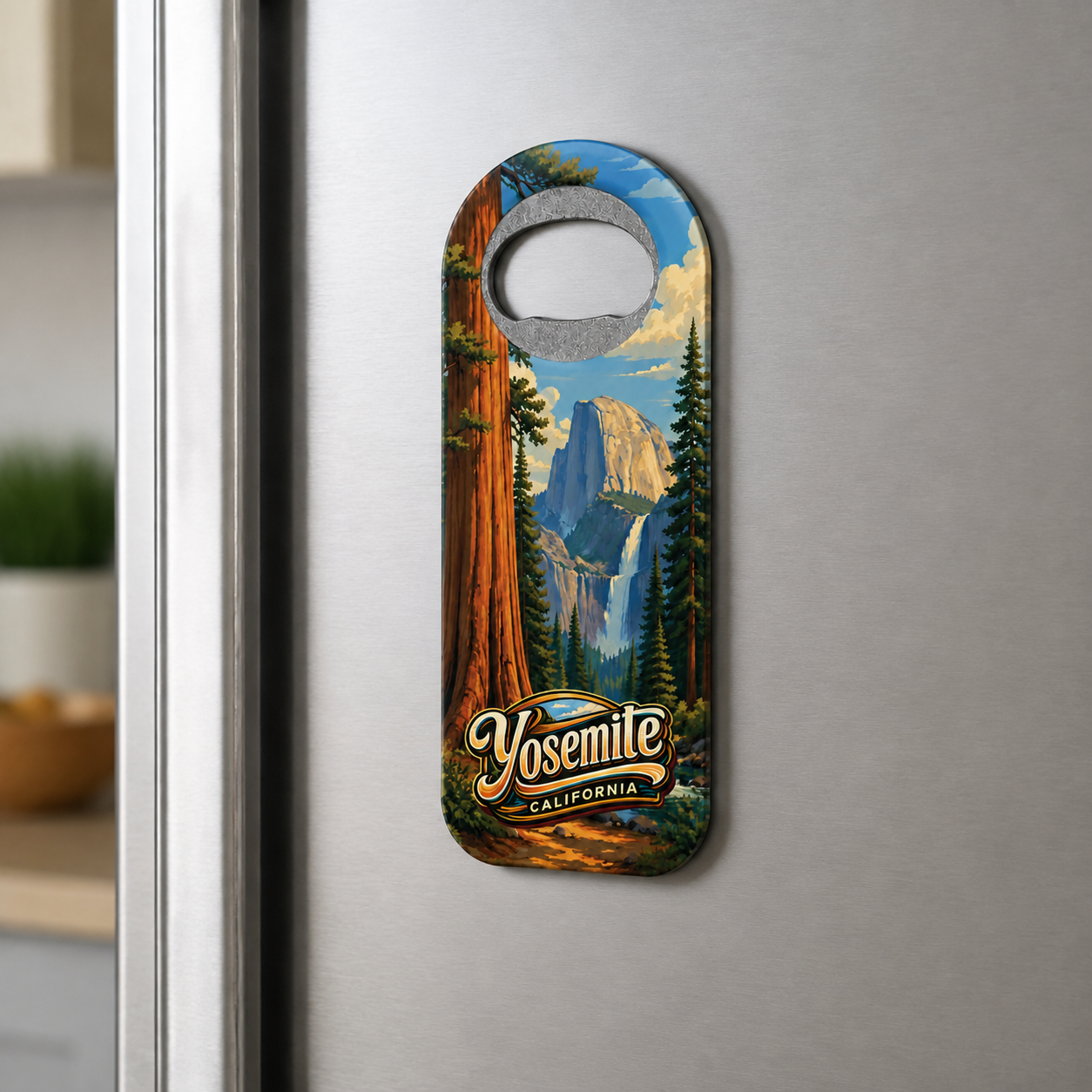 Yosemite National Park souvenir bottle opener magnet displayed on a refrigerator