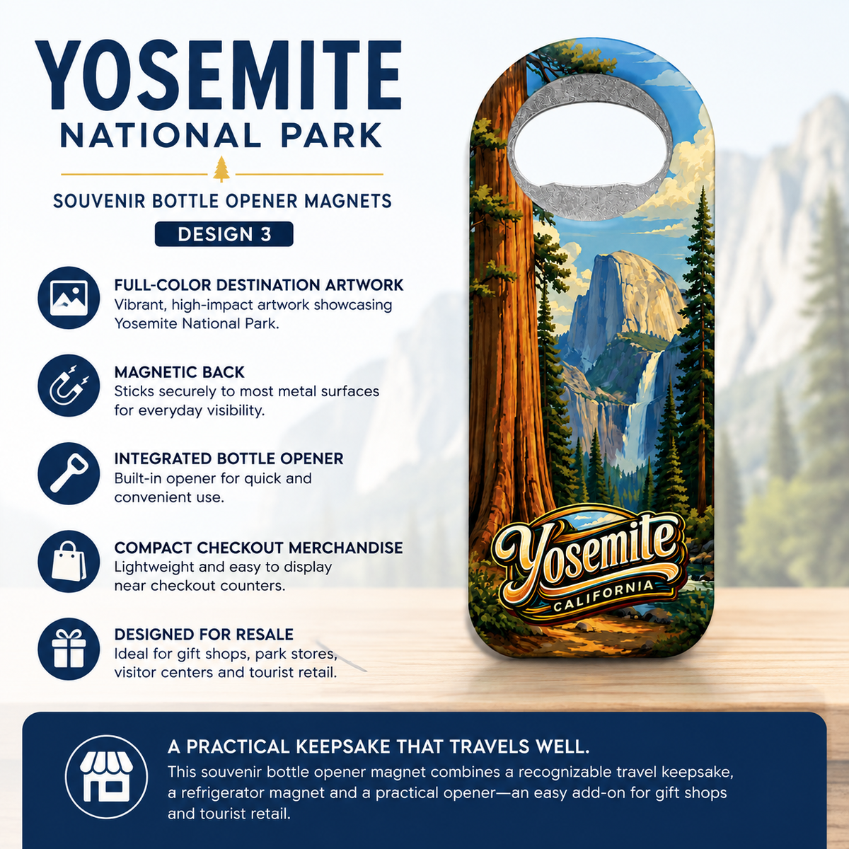 Yosemite National Park souvenir bottle opener magnet features infographic
