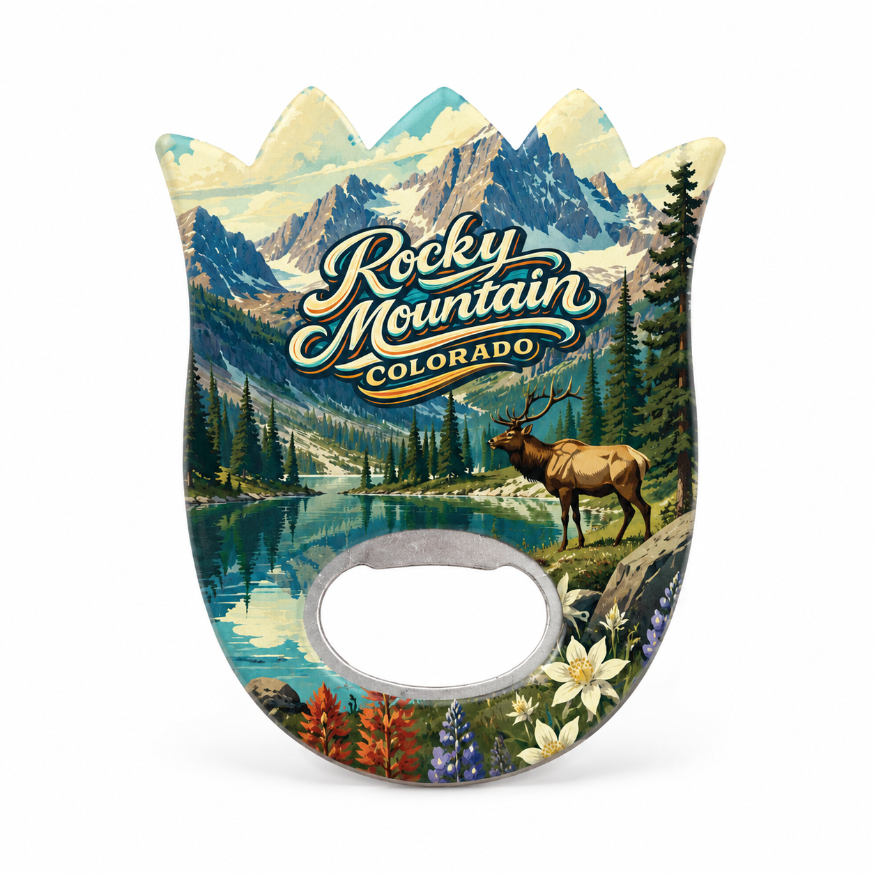 Rocky Mountain National Park Alpine Lake & Elk Bottle Opener Magnets product view