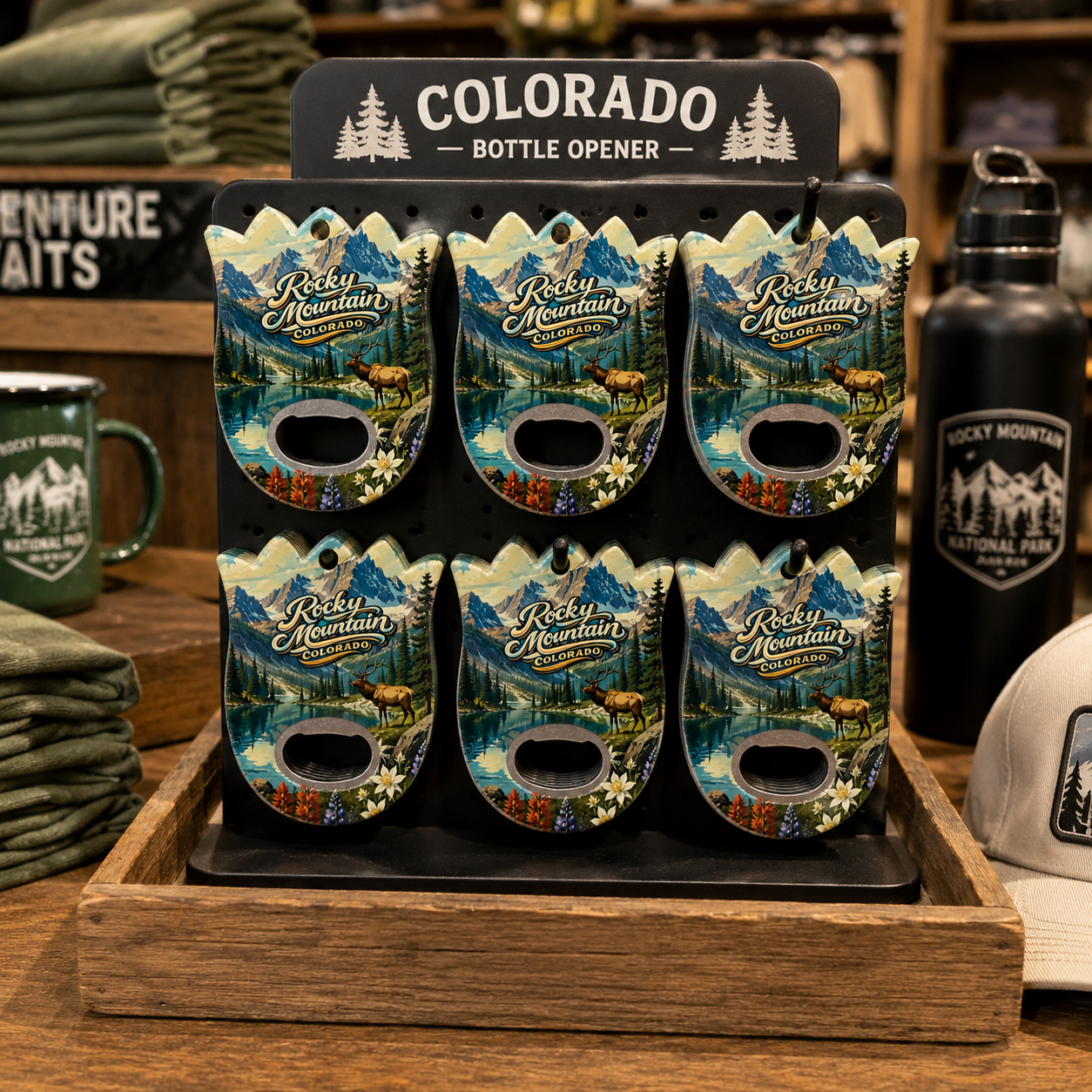 Rocky Mountain National Park souvenir bottle opener magnet in a retail lifestyle setting